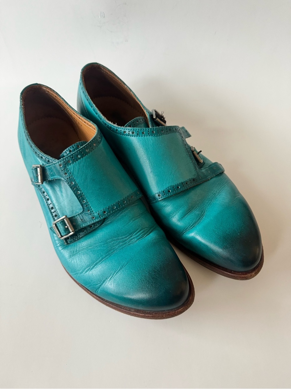John Fluevog Teal Double Monk Strap Leather Shoes 9.5